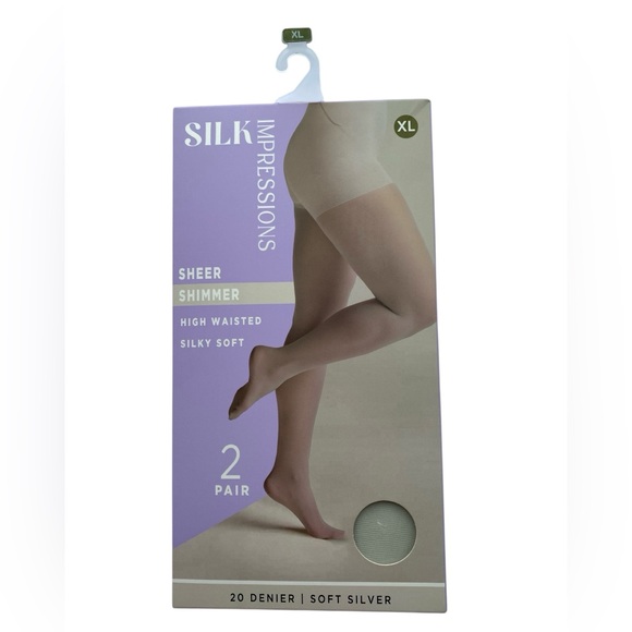 Impressions Accessories - Silk Impressions Sheer Shimmer Tights Women's‎ Size XL Soft Silver High Waisted
